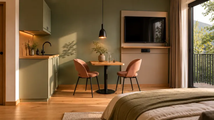 LOIS Living Apartment mit kleiner Küche, Essbereich und Balkon